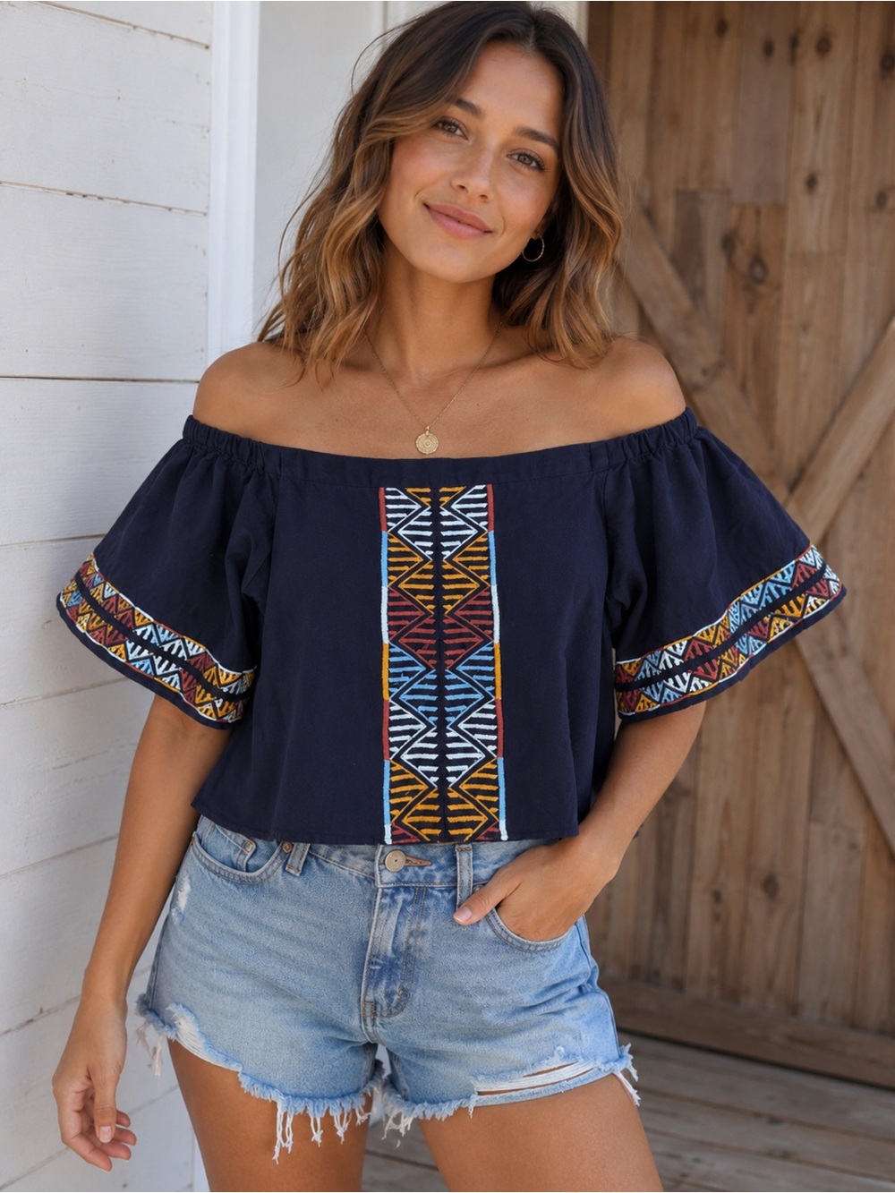 Piper by Townsen Size Medium Navy Embroidered Off Shoulder Boho Top
